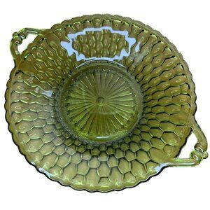 Green Honeycomb Glass Serving Bowl With Handles Candy Dish 9 Inch